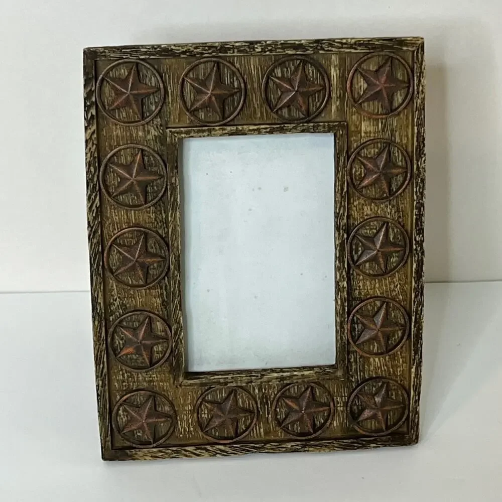 Western Rustic Star Photo Frame 4x6 Tabletop Brown Distressed Wood Look